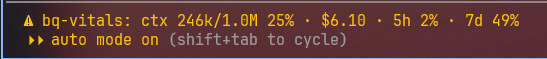 Claude Code status line reading bq-vitals: ctx 246k/1.0M 25%, $6.10, 5h 2%, 7d 49%